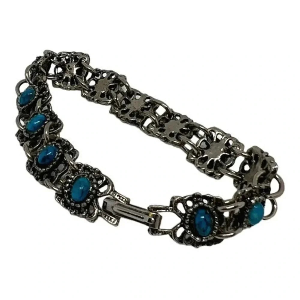 Vintage Chain Bracelet Silvertone Turquoise‎ Blue Stones​​